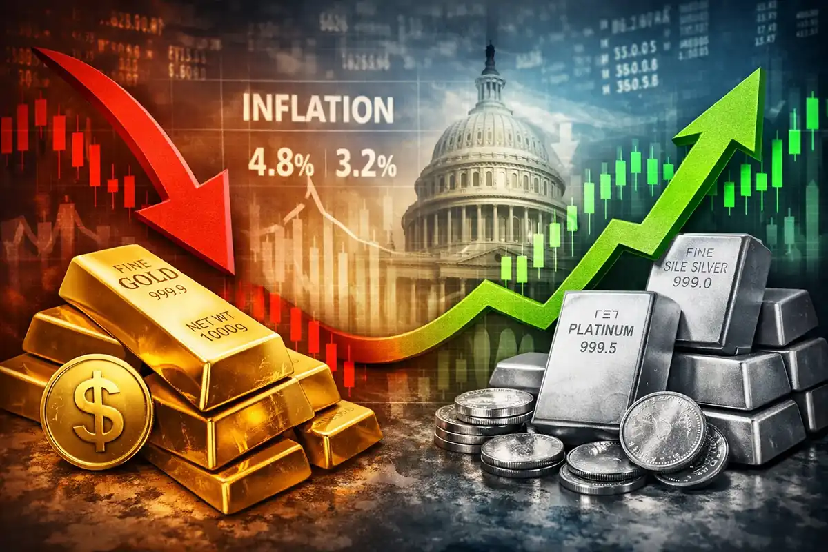 Rynek metali szlachetnych pod wpływem danych makroekonomicznych: złoto w korekcie, srebro i platyna blisko rekordów