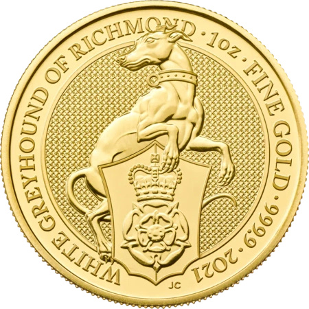 1 Uncja Bestie Królowej Biały Chart z Greyhound Złota Moneta | 2021