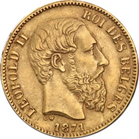 20 Franków Belgia Leopold II Złota Moneta | 1867 -1882