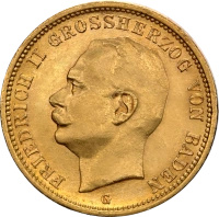 20 Marek Wielki Książe Fryderyk II Badeński Złota Moneta | 1907 - 1918
