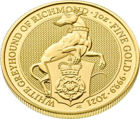 1 Uncja Bestie Królowej Biały Chart z Greyhound Złota Moneta | 2021